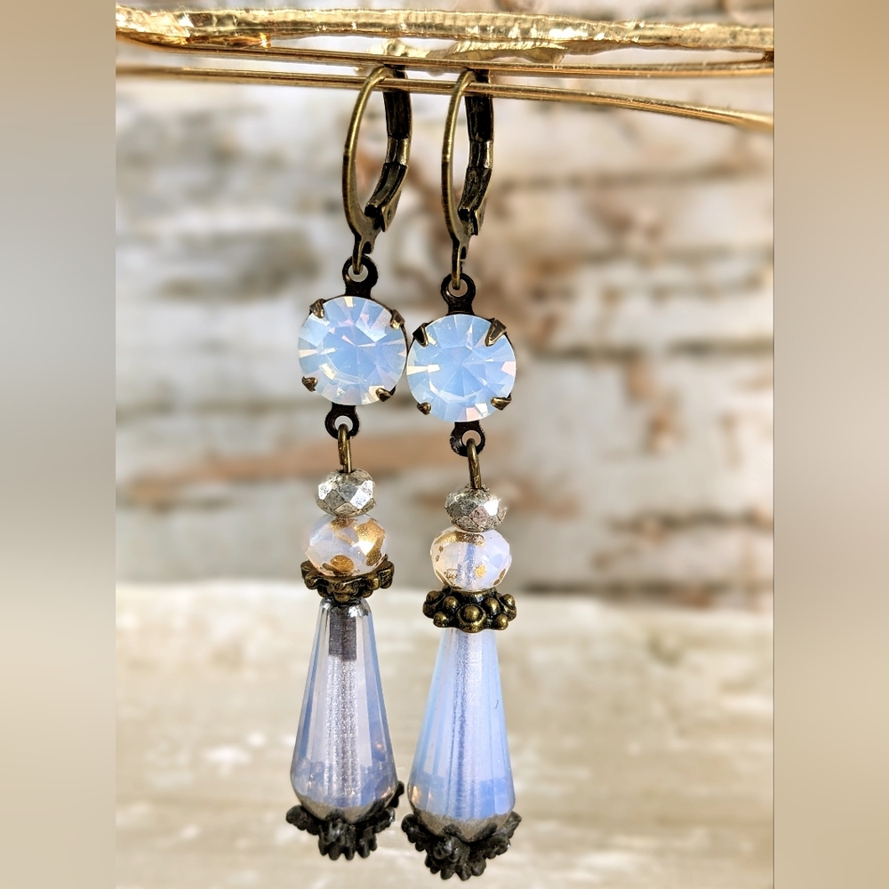 Victorian White Opal W/ Silver Tones Swarovski Crystal Long Earrings In Brass
